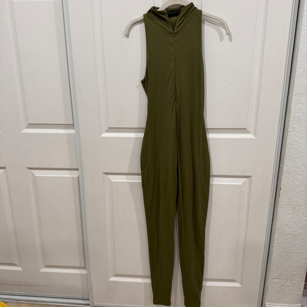 Naked Wardrobe Olive Green Mock Neck Sleeveless Zipper Jumpsuit NW-J4140-G M